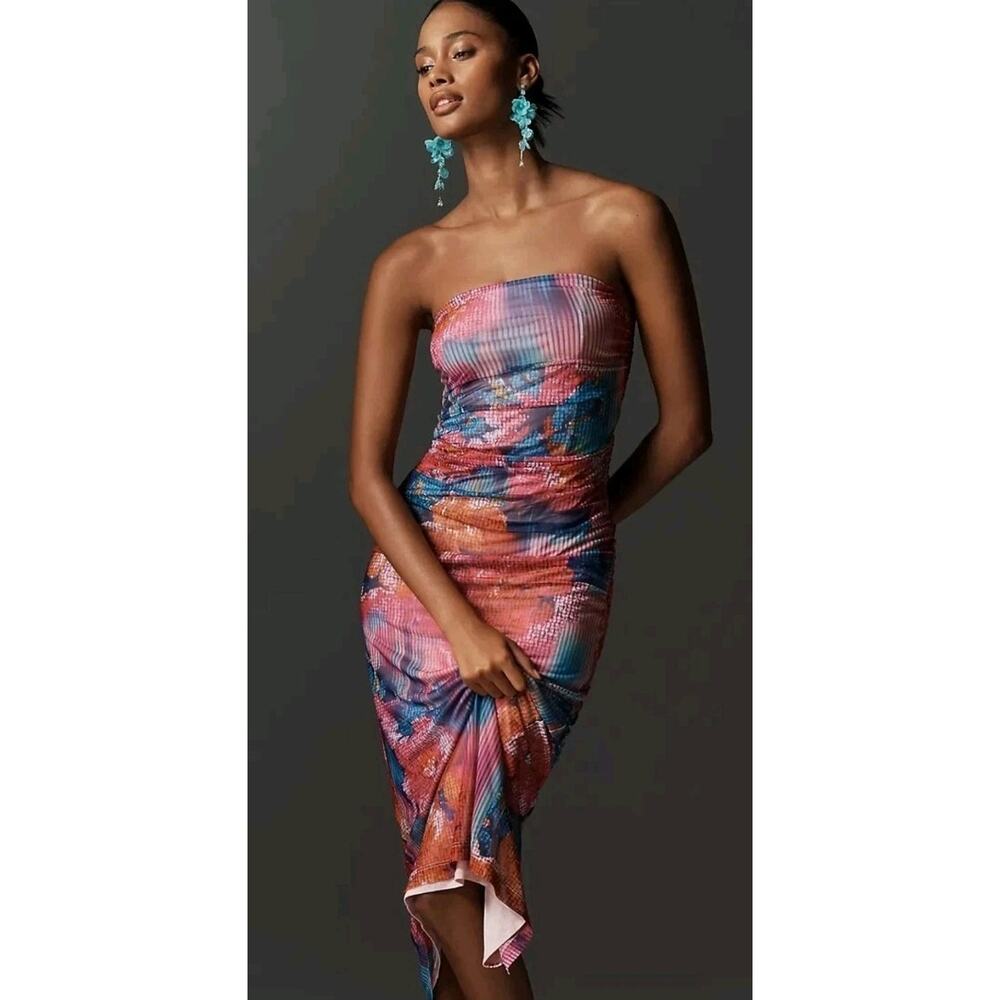 ANTHROPOLOGIE NWT $168 The Soleil Mesh Slim Strapless Ruched Dress Size Medium